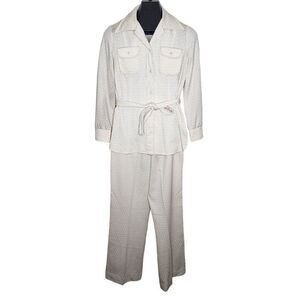 Vintage 70s Leisure Suit Jacket Pants Womens M Beige Polka Dot Double Knit Polye